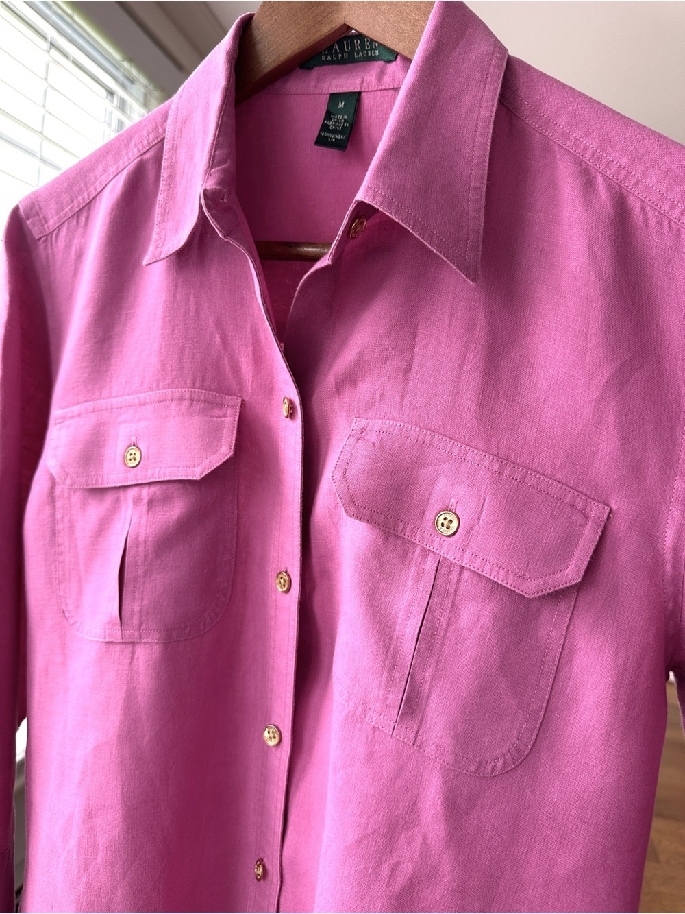 Lauren Ralph Lauren Pink Utility Button-Up Shirt, Roll Tab Sleeves, π― Linen - Picture 9 of 13